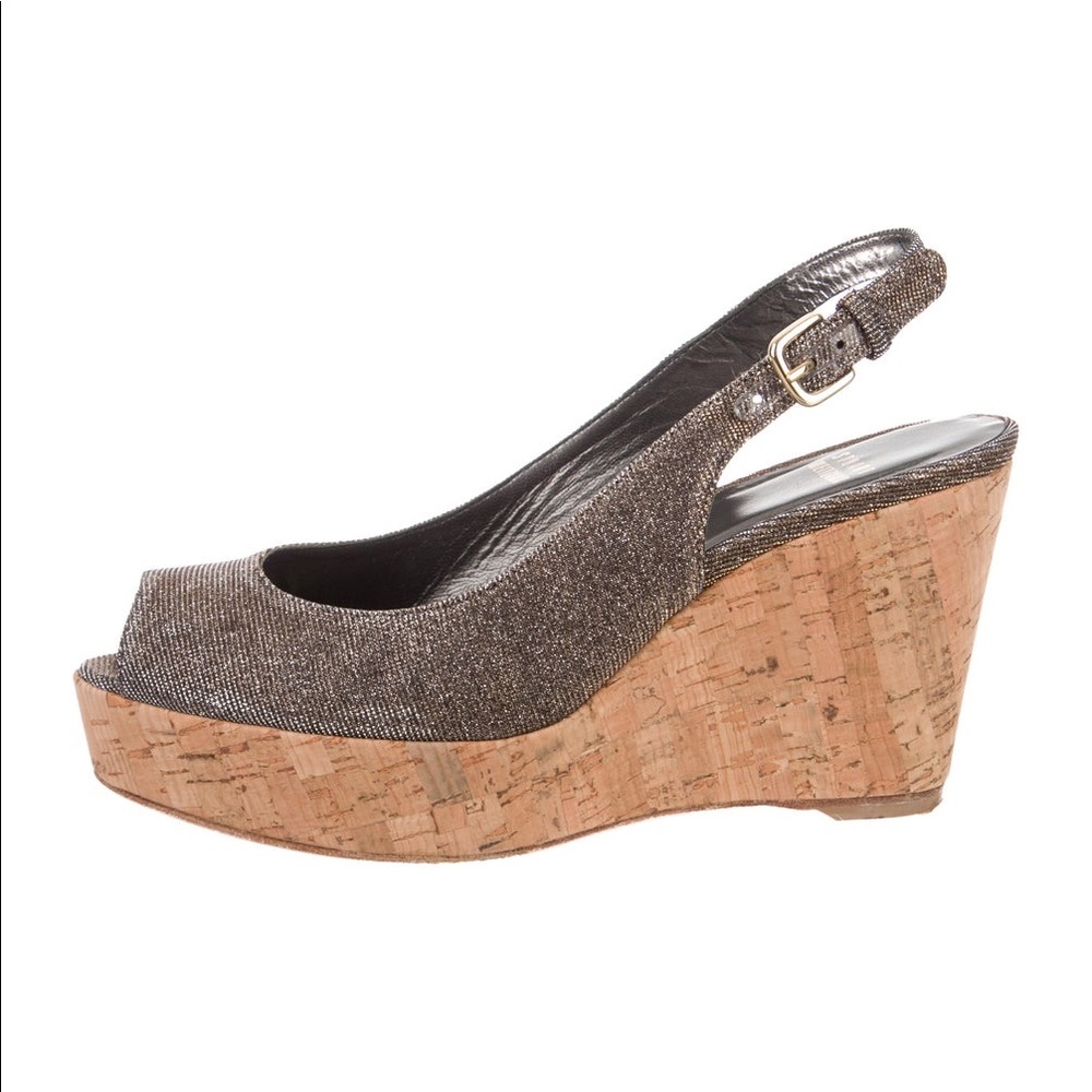 Stuart Weitzman glitter canvas peep toe wedge
